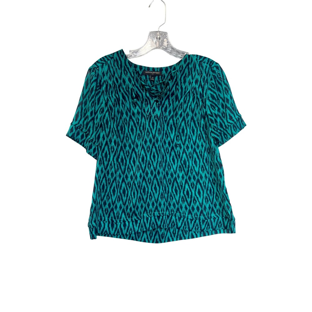 Banana Republic Women Teal Navy Ikat Diamond Lace Up V-Neck Blouse XS Top